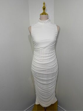 White Ruched Midi Dress with High Neck | Large